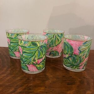 Tropical Leaf Lilly Pulitzer Green and Pink Flower Plastic Glasses Set of 4